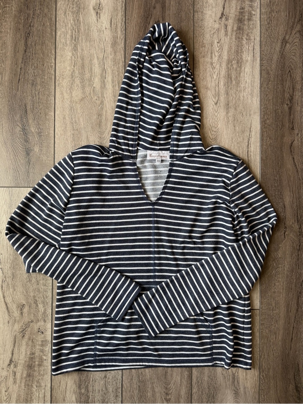 Elliott Lauren- Classic Coastal Cozy Navy & White Striped V-Neck Hoodie Sweater